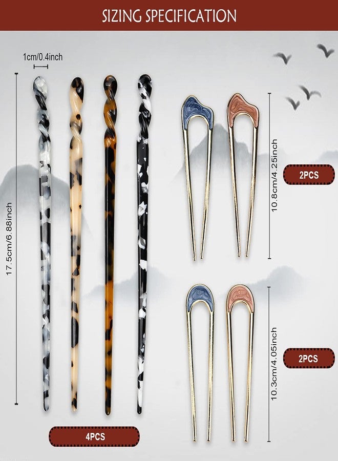 FERCAISH Acetate Hair Sticks Set Vintage Hairstyle Tortoise Shell Hairpins Leopard Printed Chopsticks Hair Stick Metallic U shape Hair Pin Fork Sticks Accessories for Women and Girls - Image 4