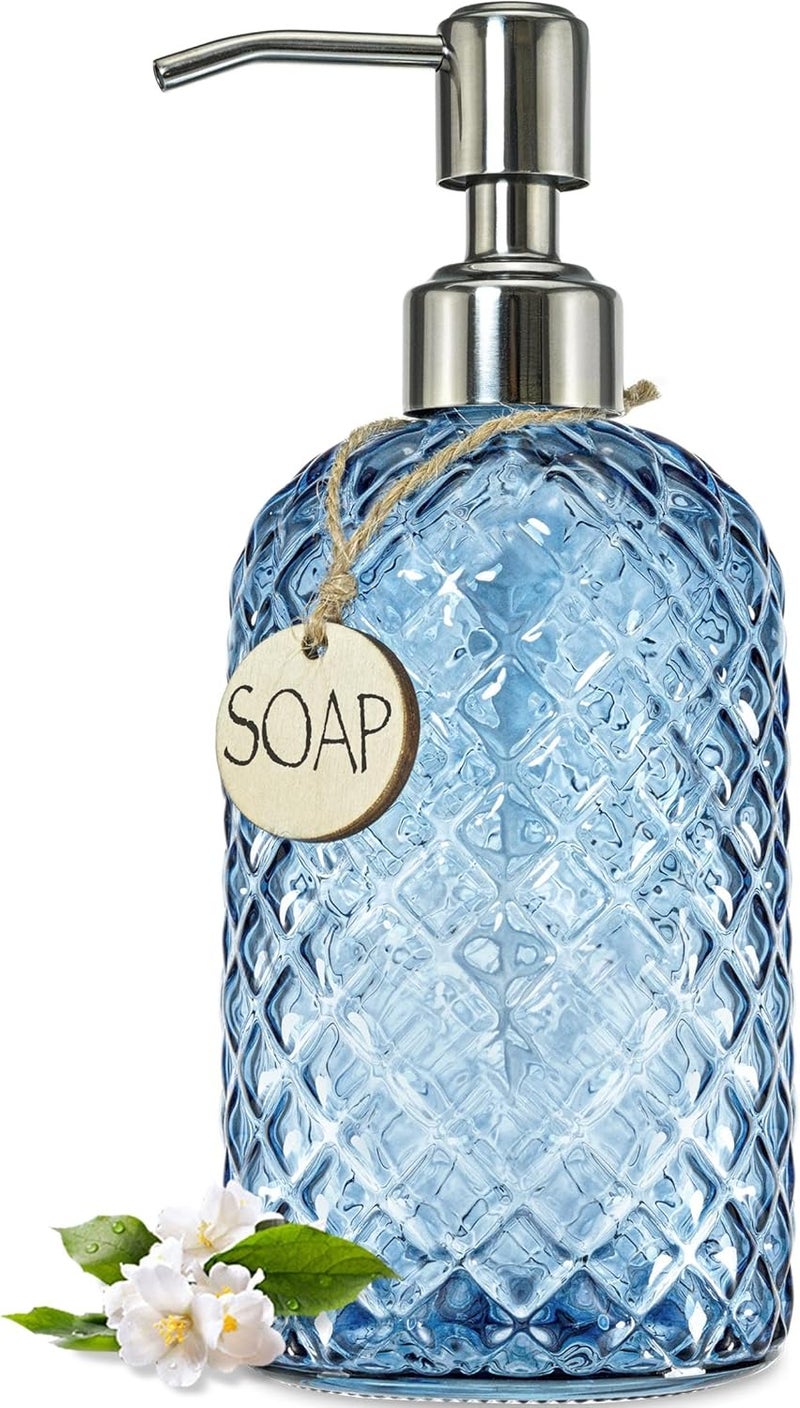 JASAI 18Oz Gem Patterned Glass Soap Dispenser for Kitchen and Bathroom, Refillable with Rust Proof Stainless Steel Pump (Blue) - Image 1