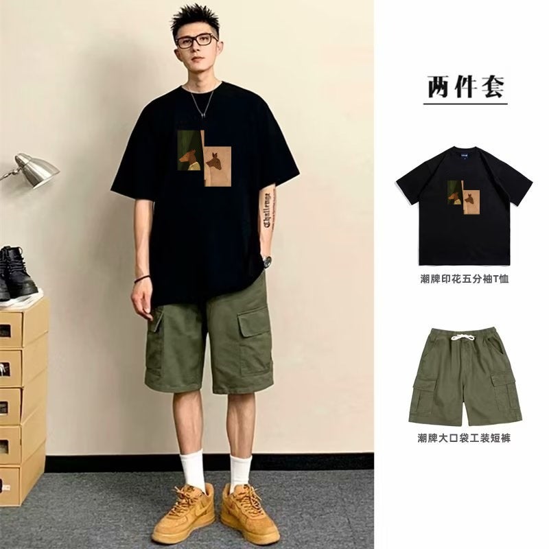 Heavy Cotton Mens Short-sleeved T-shirt suit Summer New Fashion Brand Ins Loose Fashionable Tooling Shorts Two-piece Set T93 black with d42 green pants