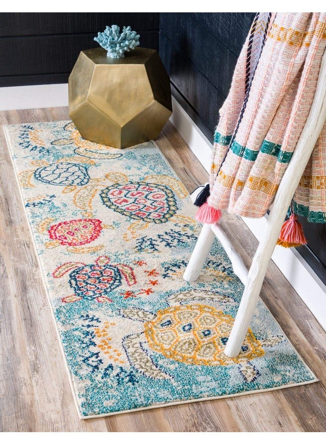 Unique Loom Positano Collection Coastal Modern Turtles Beige Runner Rug (2' X 7') - Image 1