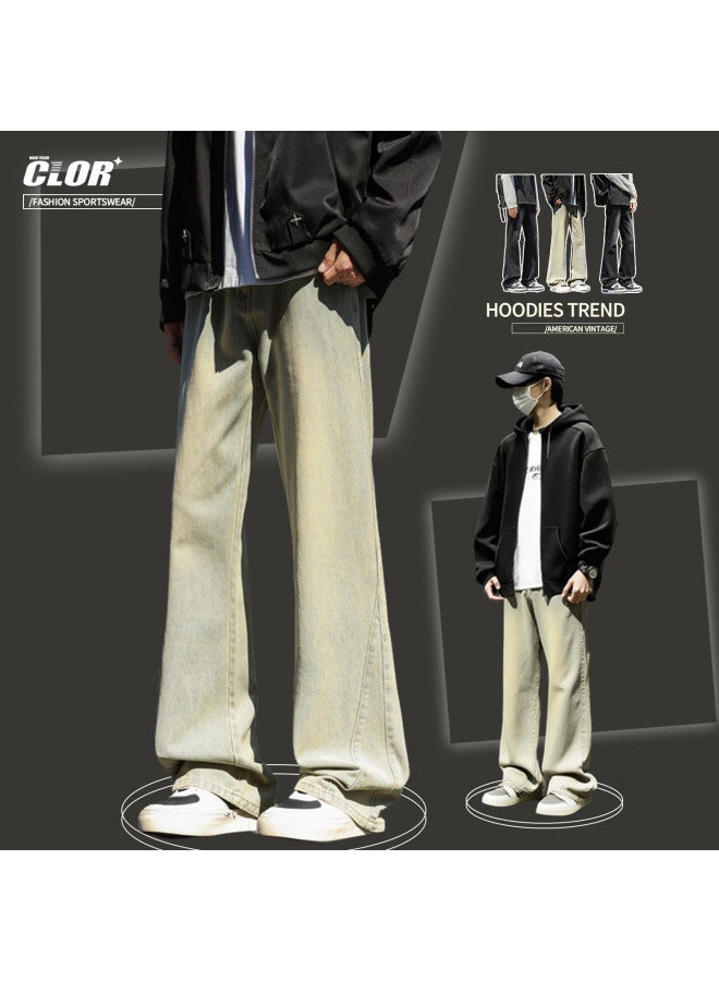 Clor American Streetwear Flared High Street Denim Jeans Men Spring Summer Loose Fit Straight Pants Nz21 Mud Yellow XL - Image 1