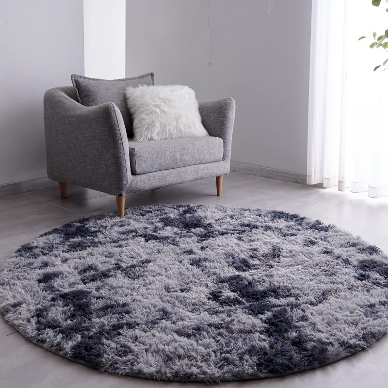 FJZFING TieDyed Dark Grey Round Rug UltraSoft Plush Modern 6x6 Circle Area Rug for Kids Bedroom Fluffy Shag Circular Rug for Nursery Room NonSlip TieDyed Dark Grey Rug for Teens Room