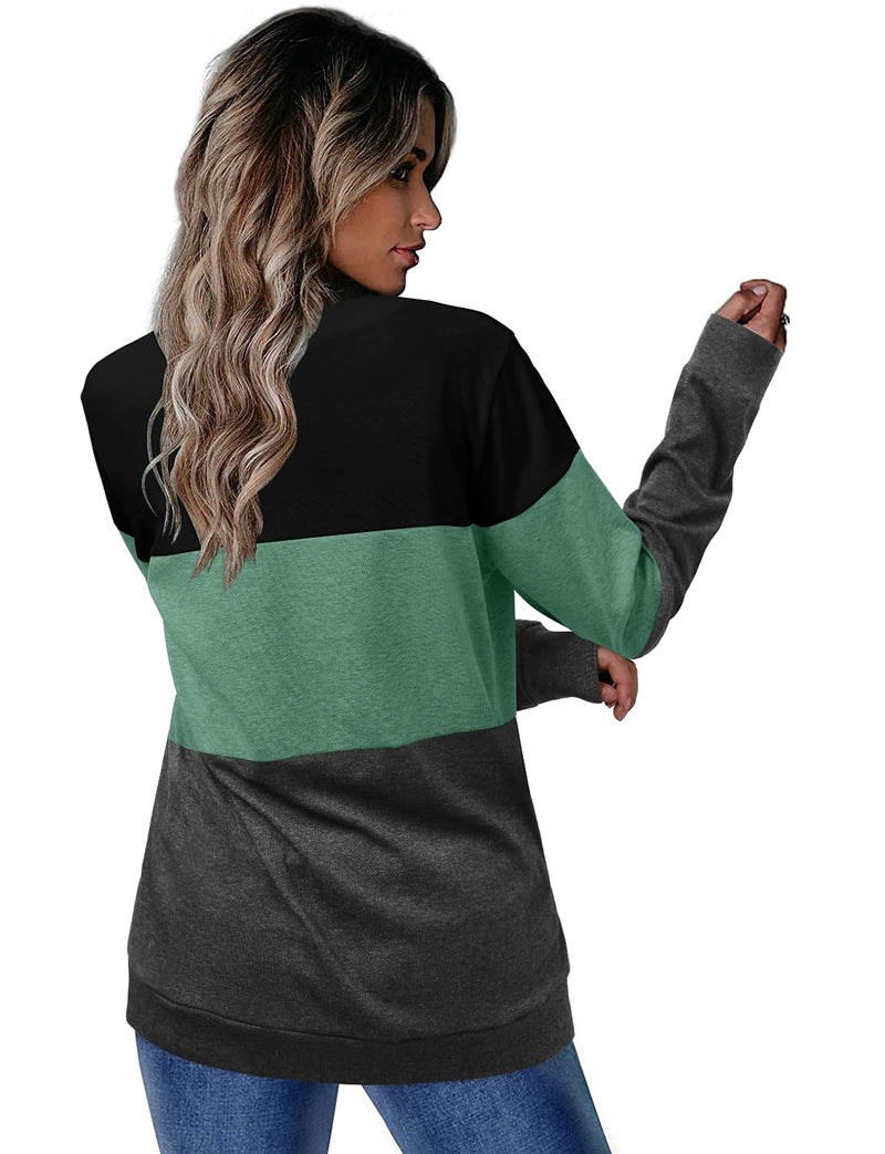 CRAZY GRID Womens Long Sleeve Tops Casual Fashion Crew Neck Sweatshirt Ladies Soft Loose Fit Color Block Fall Shirts Lightweight Plus Size Oversized 3XL Black Green Gray - Image 4