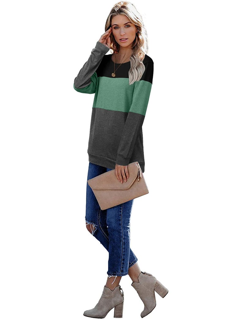 CRAZY GRID Womens Long Sleeve Tops Casual Fashion Crew Neck Sweatshirt Ladies Soft Loose Fit Color Block Fall Shirts Lightweight Plus Size Oversized 3XL Black Green Gray - Image 3