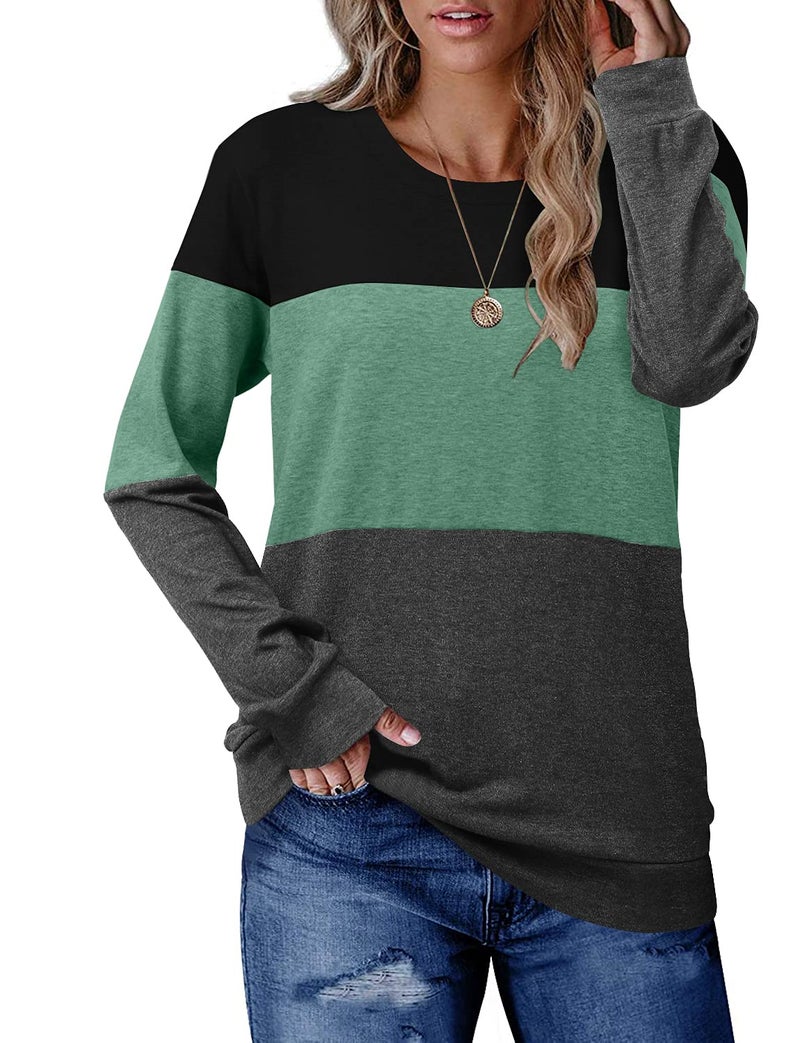 CRAZY GRID Womens Long Sleeve Tops Casual Fashion Crew Neck Sweatshirt Ladies Soft Loose Fit Color Block Fall Shirts Lightweight Plus Size Oversized 3XL Black Green Gray - Image 2