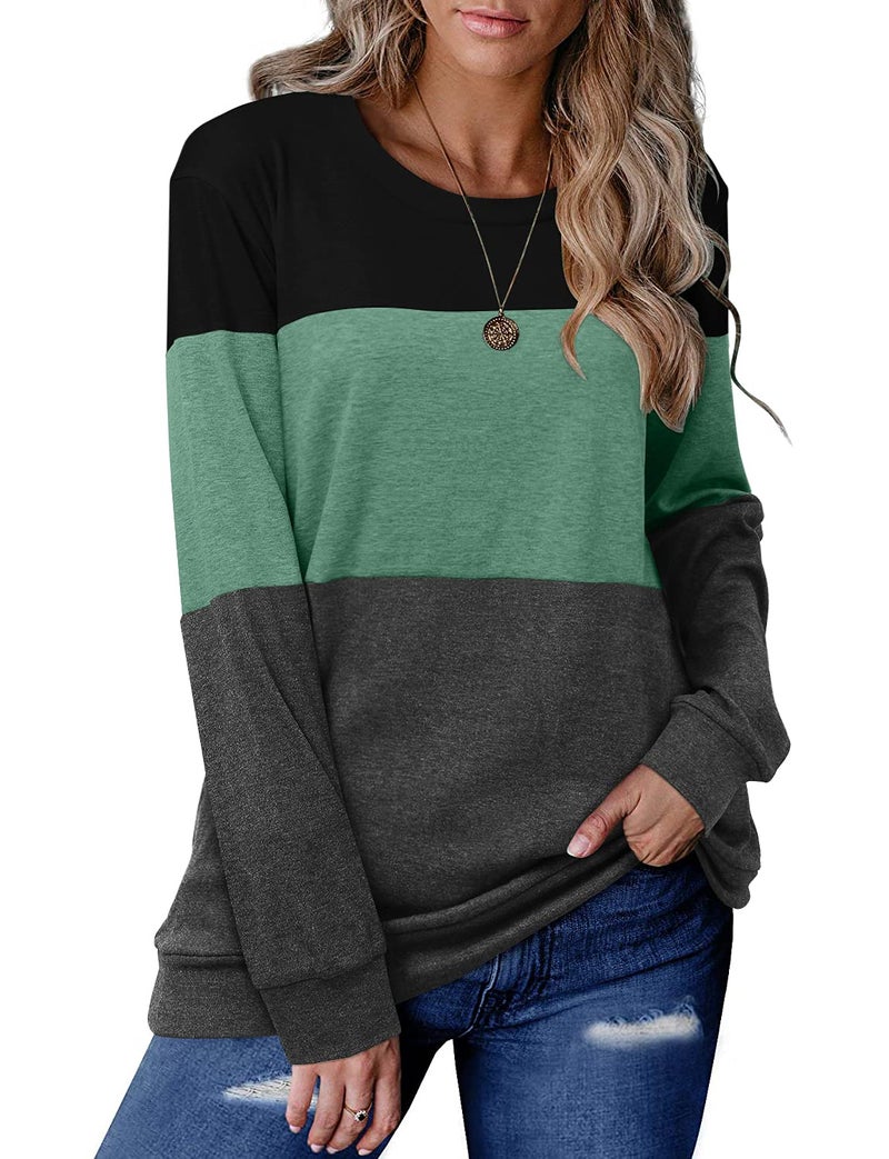 CRAZY GRID Womens Long Sleeve Tops Casual Fashion Crew Neck Sweatshirt Ladies Soft Loose Fit Color Block Fall Shirts Lightweight Plus Size Oversized 3XL Black Green Gray - Image 1