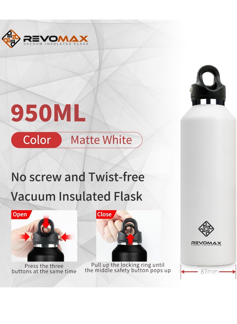 RevoMax Double Walled Vacuum Insulated Water Bottle, Copper Plated, Insulated Thermos Flask, Twist-Free Cap, Stainless Steel, BPA-free, Phthalate-free, No Flavour-Staining, 32oz/950ml, Matte White - Image 2