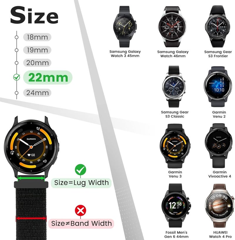 CERLINK 22mm SmartWatch Band Strap Nylon Soft Loop for ColorFit Pro 4/Pro 4 Max/Ultra/Ultra 2, Amazfit GTR 47mm/ GTR 2E, Galaxy Watch 3 45mm, S/S Pro (Pack of-2 Black/Green) - Image 5