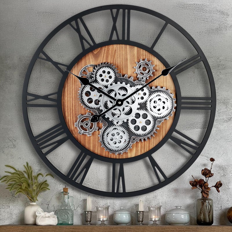 Lafocuse 23 Inch Real Moving Gear Wall Clock Steampunk Wooden Large Wall Clock for Living Room Decor