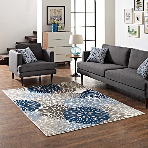 Modway Calithea Vintage Classic Abstract Floral 5x8 Area Rug In Blue Brown and Beige