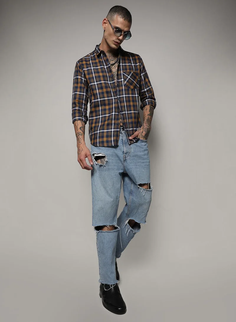 Campus Sutra Men's Cobalt Blue & Mustard Yellow Tartan Plaid Shirt