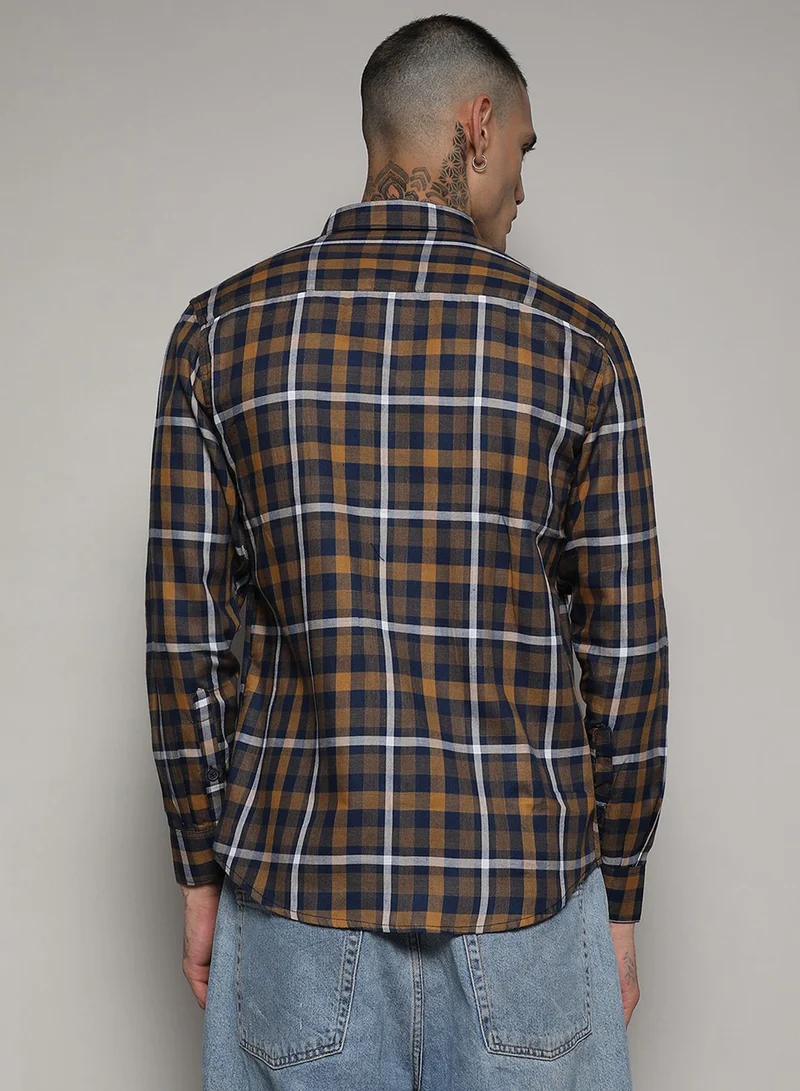 Campus Sutra Men's Cobalt Blue & Mustard Yellow Tartan Plaid Shirt