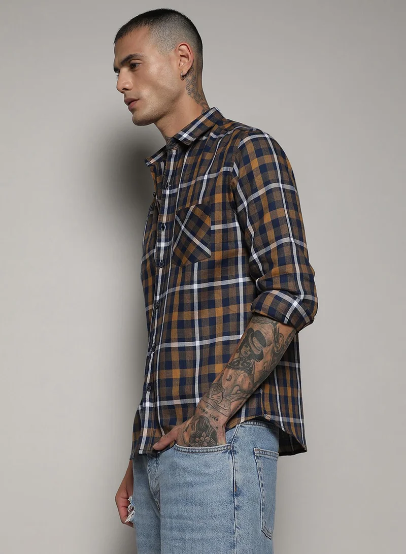 Campus Sutra Men's Cobalt Blue & Mustard Yellow Tartan Plaid Shirt