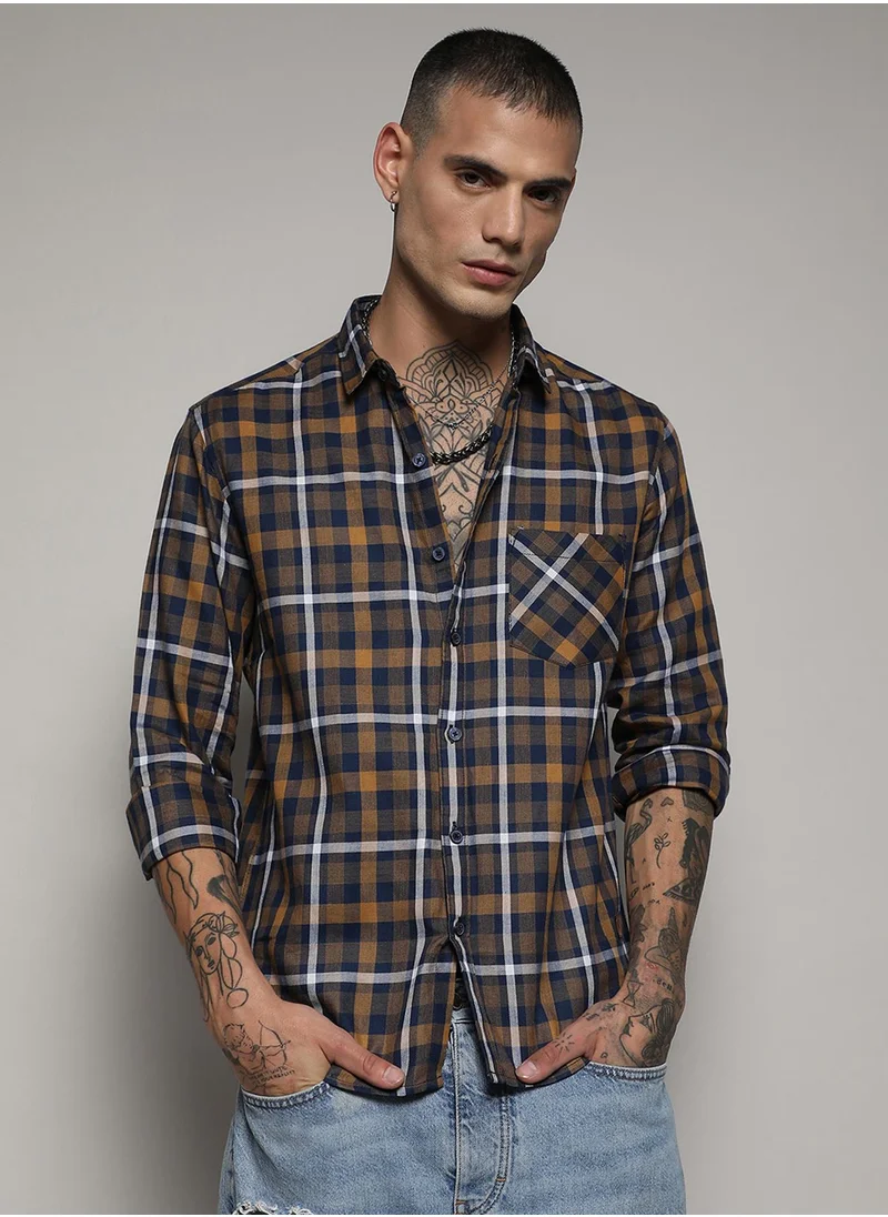 Campus Sutra Men's Cobalt Blue & Mustard Yellow Tartan Plaid Shirt