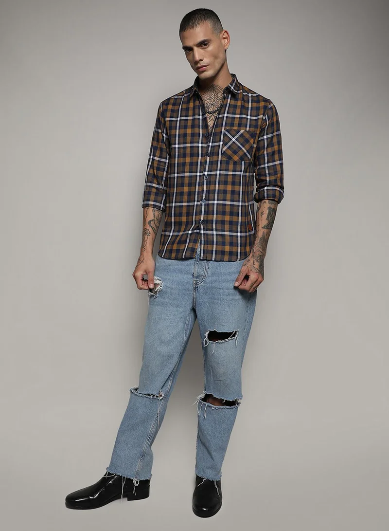 Campus Sutra Men's Cobalt Blue & Mustard Yellow Tartan Plaid Shirt