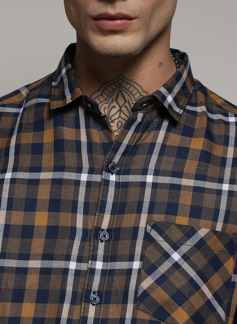 Campus Sutra Men's Cobalt Blue & Mustard Yellow Tartan Plaid Shirt