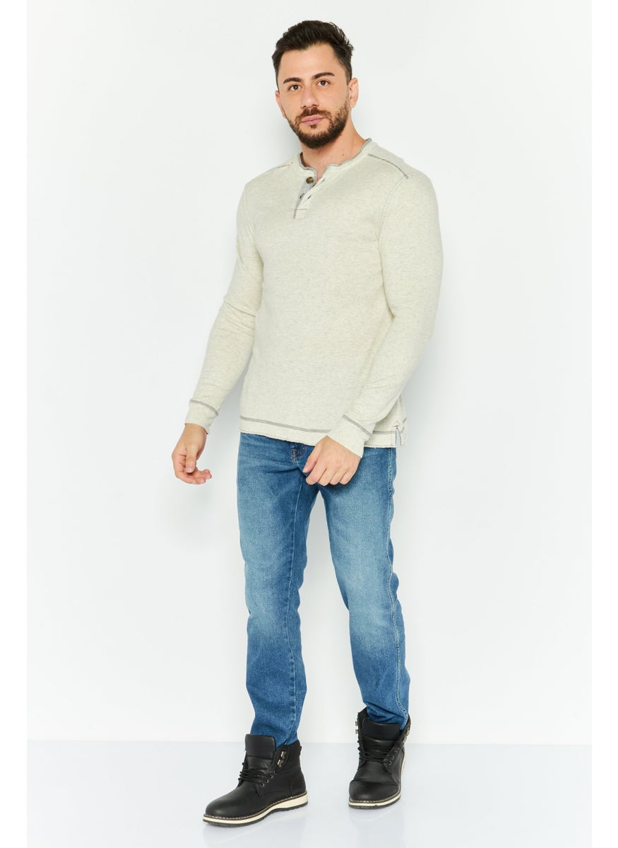 TRUE GRIT - Men Henley Neck Long Sleeve Heather T-Shirts, Oatmeal Heather - Image 1