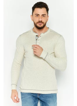 Men Henley Neck Long Sleeve Heather T-Shirts, Oatmeal Heather