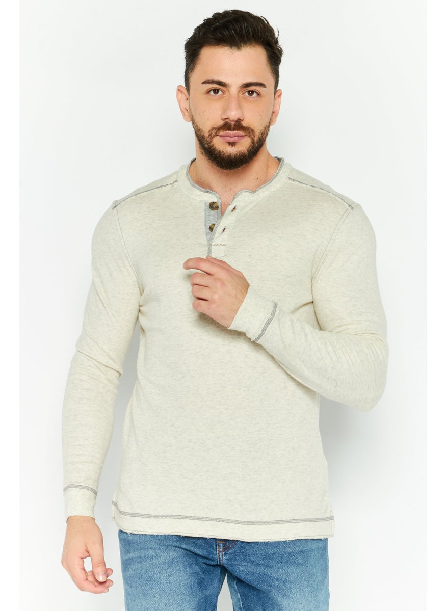 TRUE GRIT - Men Henley Neck Long Sleeve Heather T-Shirts, Oatmeal Heather - Image 1