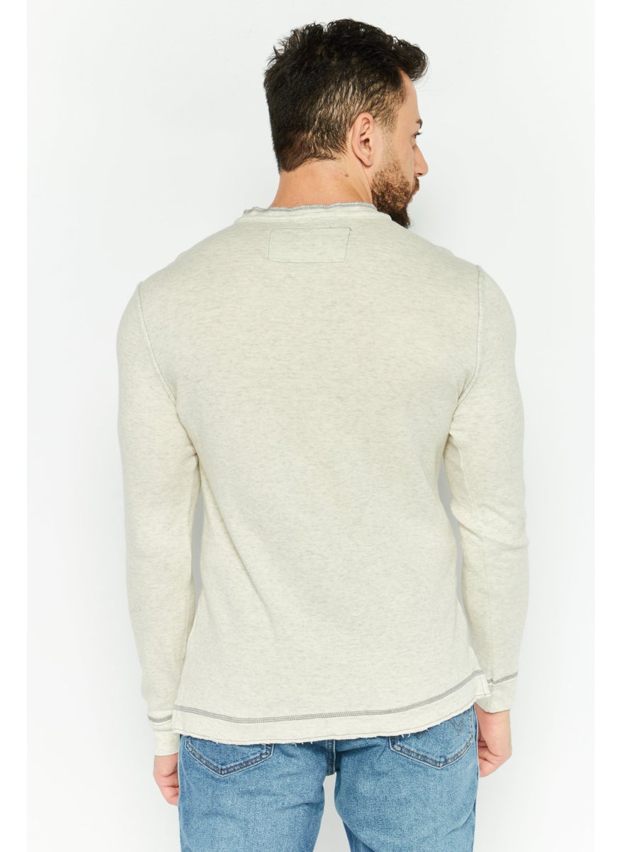 TRUE GRIT - Men Henley Neck Long Sleeve Heather T-Shirts, Oatmeal Heather - Image 1