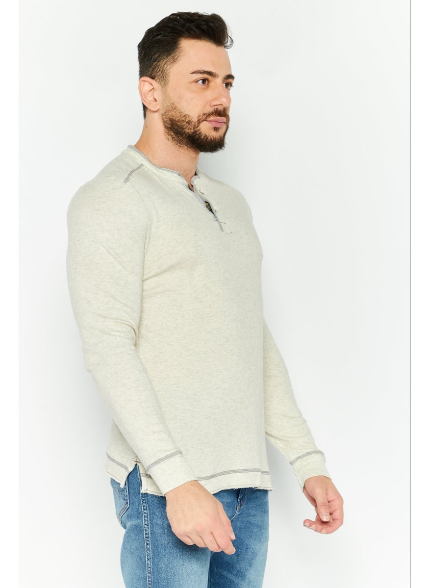 TRUE GRIT - Men Henley Neck Long Sleeve Heather T-Shirts, Oatmeal Heather - Image 1