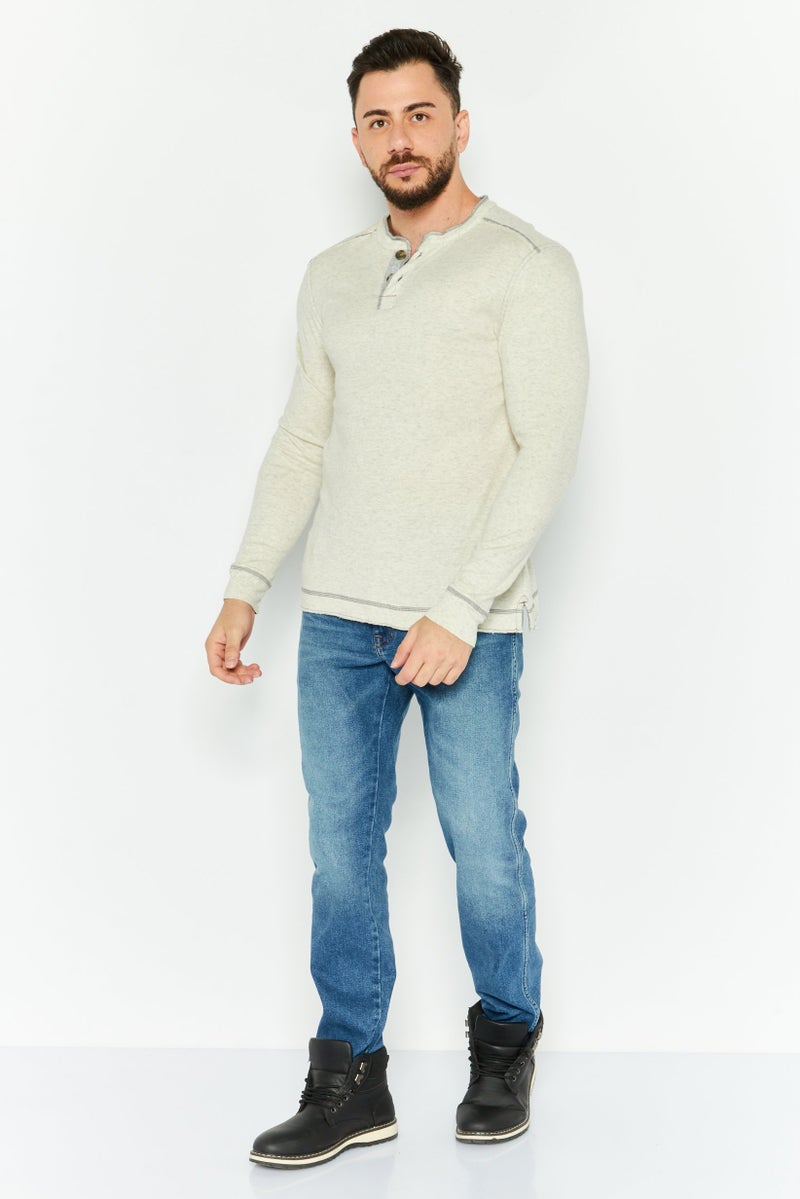 TRUE GRIT Men Henley Neck Long Sleeve Heather T-Shirts, Oatmeal Heather - Image 2