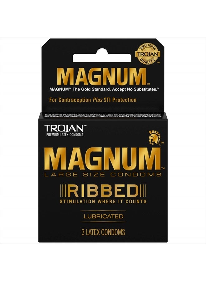 TROJAN MAGNUM Ribbed Large Size Condoms, 3 Count (Pack of 6) - Image 1
