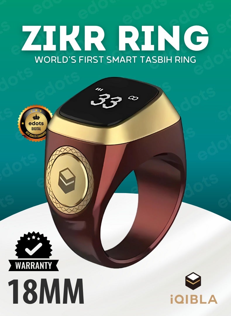iQIBLA Smart Zikr Ring | Lite | 18 MM Prayer Counter, Tasbih Counter & Muslim Prayer Time Reminder | Waterproof Wearable Technology | Brown - Image 1