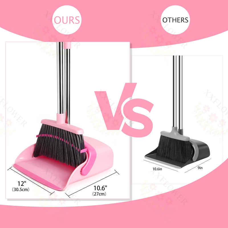 XXFLOWER Broom and Dustpan Set, Dustpans with Broom Combo for Home, Heavy Dust Broom and Dustpan Combo, Long Handle Dust Pan and Broom Set for Kitchen, Office, Pet Hair,Pink, Pack of 1 - Image 2