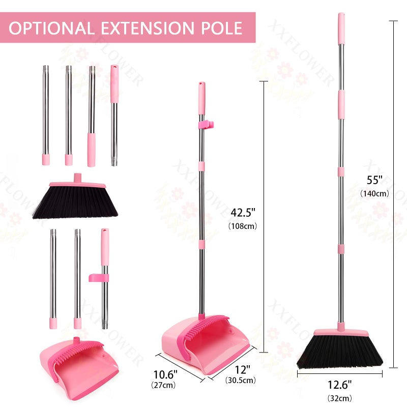 XXFLOWER Broom and Dustpan Set, Dustpans with Broom Combo for Home, Heavy Dust Broom and Dustpan Combo, Long Handle Dust Pan and Broom Set for Kitchen, Office, Pet Hair,Pink, Pack of 1 - Image 5