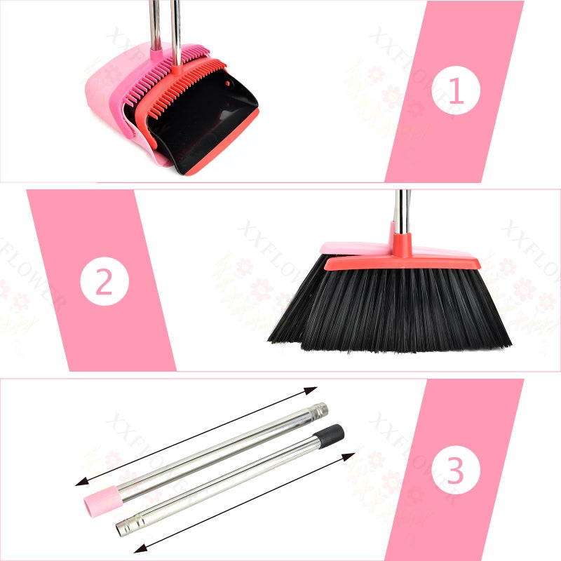 XXFLOWER Broom and Dustpan Set, Dustpans with Broom Combo for Home, Heavy Dust Broom and Dustpan Combo, Long Handle Dust Pan and Broom Set for Kitchen, Office, Pet Hair,Pink, Pack of 1 - Image 3