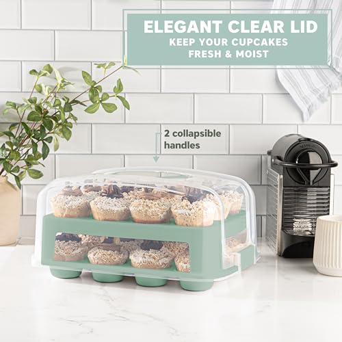 MosJos EXTRA TALL DOME 24 Cupcake Carrier, Green Cupcake Holder Carries 24 Cupcake Storage Container, Muffin Traveler Two Tier Stand Reusable Cupcake Box - Image 4