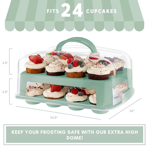 MosJos EXTRA TALL DOME 24 Cupcake Carrier, Green Cupcake Holder Carries 24 Cupcake Storage Container, Muffin Traveler Two Tier Stand Reusable Cupcake Box - Image 5