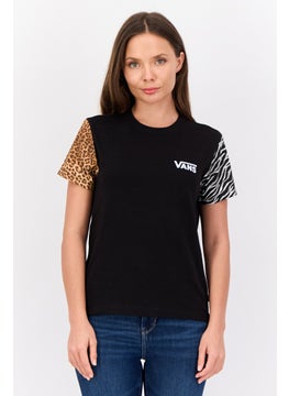 Women Crew Neck Short Sleeves Animal Print T-shirt, Black