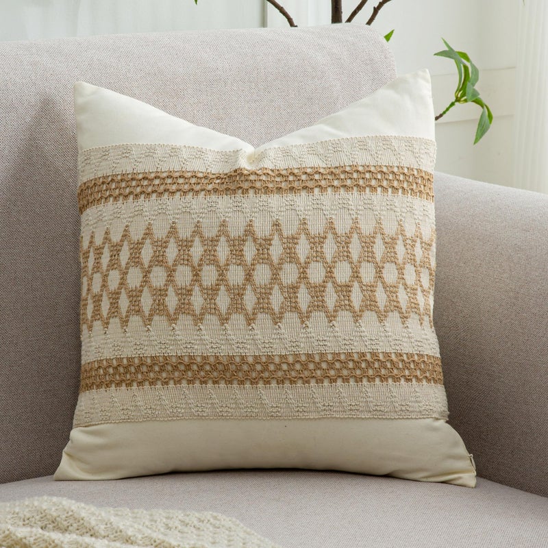 Mayler Yee Throw Pillow Covers 18 x 18 Inch 1PC for Farmhouse Living Room  Cotton & Burlap Textured Striped Woven Boho Pillow Covers (Beige & Brown  Khaki Grid) - Image 1