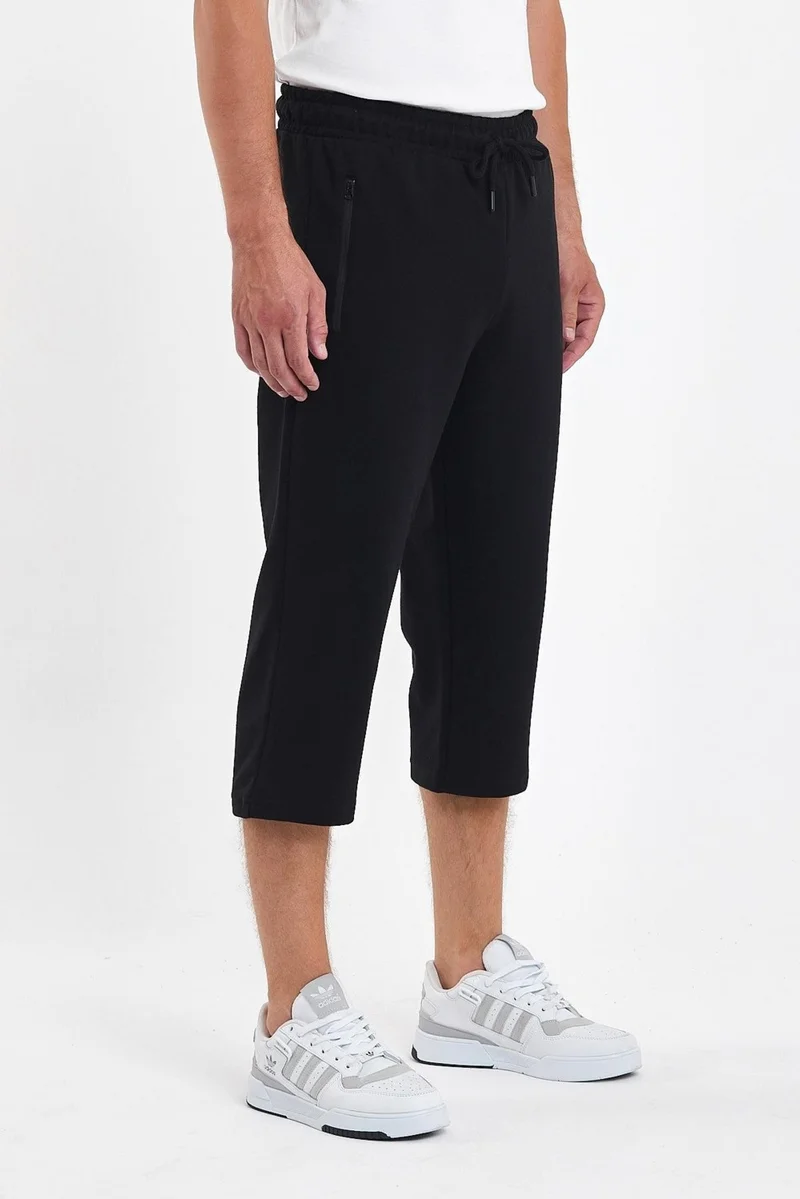 mmetalic Men's Black Bermuda Shorts with Pockets and Zipper, Below Knee Capri, Adjustable Elastic Waist, Long Shorts