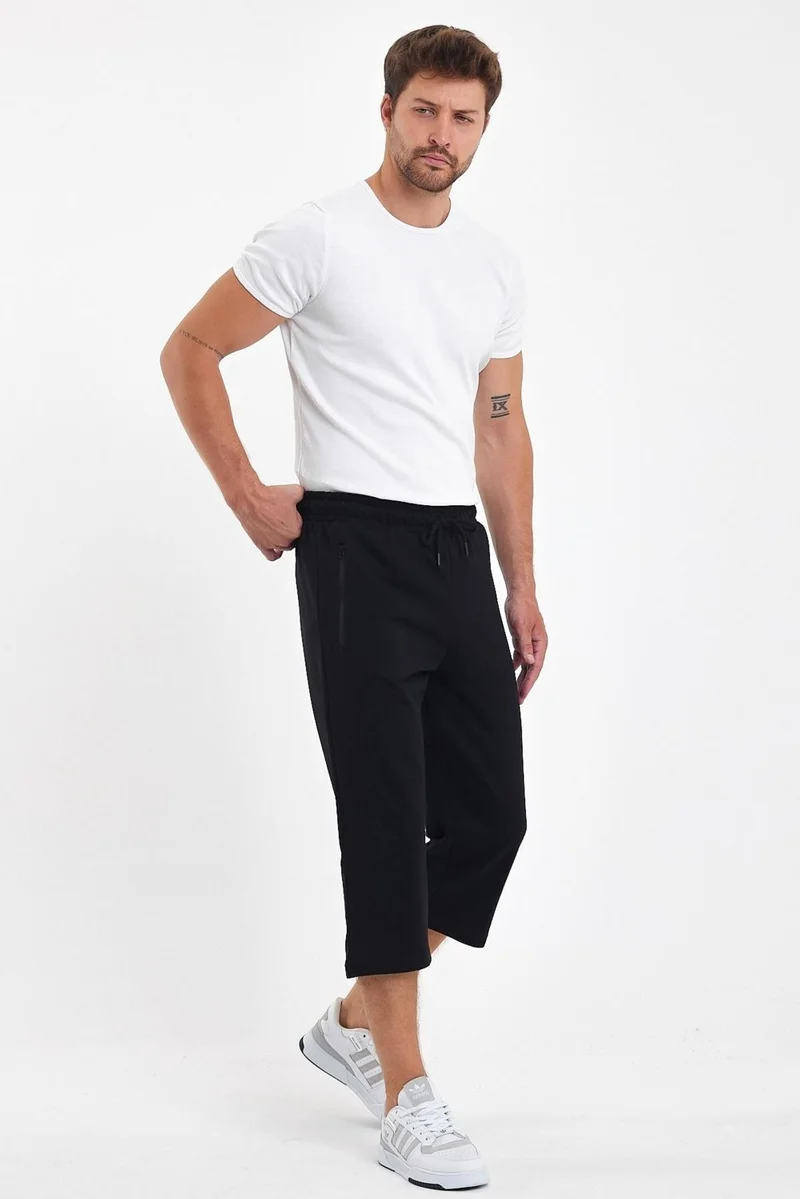mmetalic Men's Black Bermuda Shorts with Pockets and Zipper, Below Knee Capri, Adjustable Elastic Waist, Long Shorts