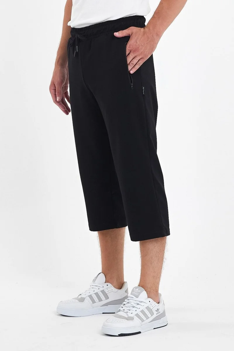 mmetalic Men's Black Bermuda Shorts with Pockets and Zipper, Below Knee Capri, Adjustable Elastic Waist, Long Shorts
