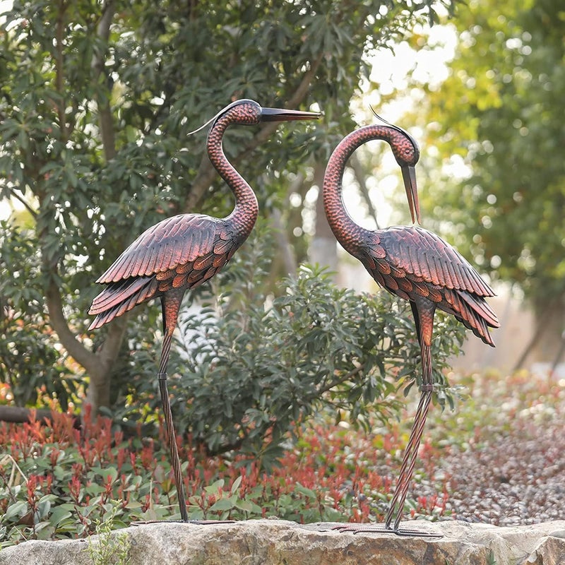 Kircust Crane Garden Sculptures  Statues Heron Decoy Large Size Metal Birds Yard Art Standing Vintage Brass Heron Lawn Ornament Outdoor Decorations 37 Inches Set of 2