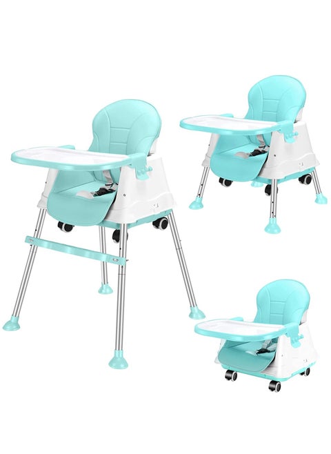 3 in 1 Adjustable Height Convertible Baby High Chair and Feeding Booster Seat for Kids Toddle with Footrest, Wheels, Cushion