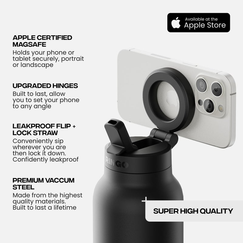 Ringo PRO Water Bottle with Magnetic Phone Mount & Sip Straw Lid - Insulated Stainless Steel Bottle for Workouts, Content Creation, Navigation & Facetime on the Go, 12Hrs Hot/24Hrs Cold Black-24oz - Image 5