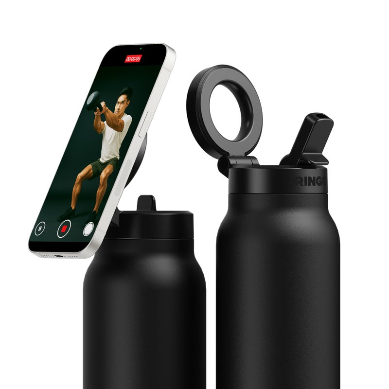 Ringo PRO Water Bottle with Magnetic Phone Mount & Sip Straw Lid - Insulated Stainless Steel Bottle for Workouts, Content Creation, Navigation & Facetime on the Go, 12Hrs Hot/24Hrs Cold Black-24oz - Image 1