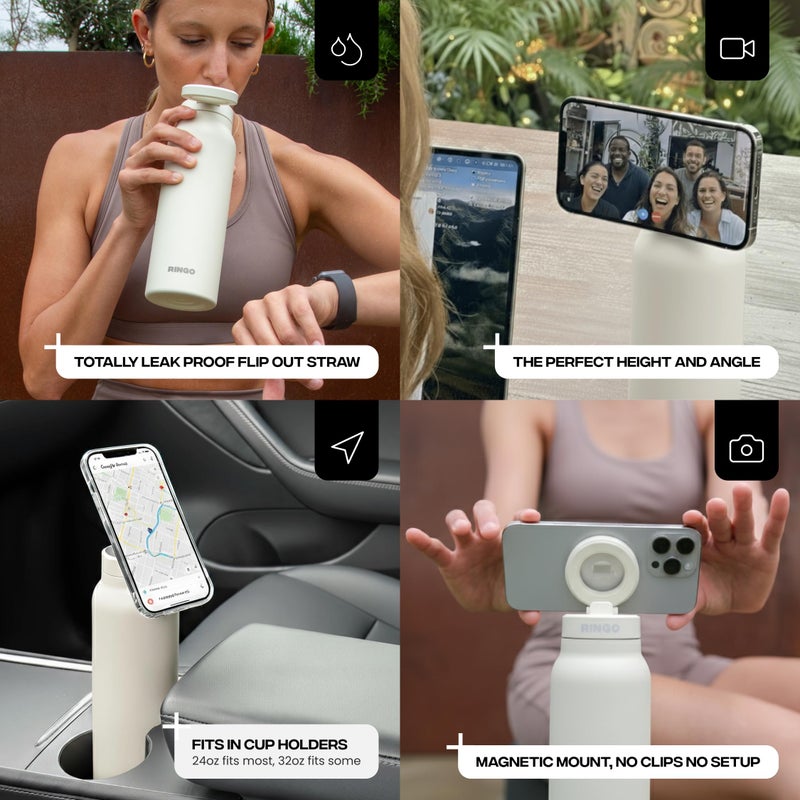 Ringo PRO Water Bottle with Magnetic Phone Mount & Sip Straw Lid - Insulated Stainless Steel Bottle for Workouts, Content Creation, Navigation & Facetime on the Go, 12Hrs Hot/24Hrs Cold Black-24oz - Image 4
