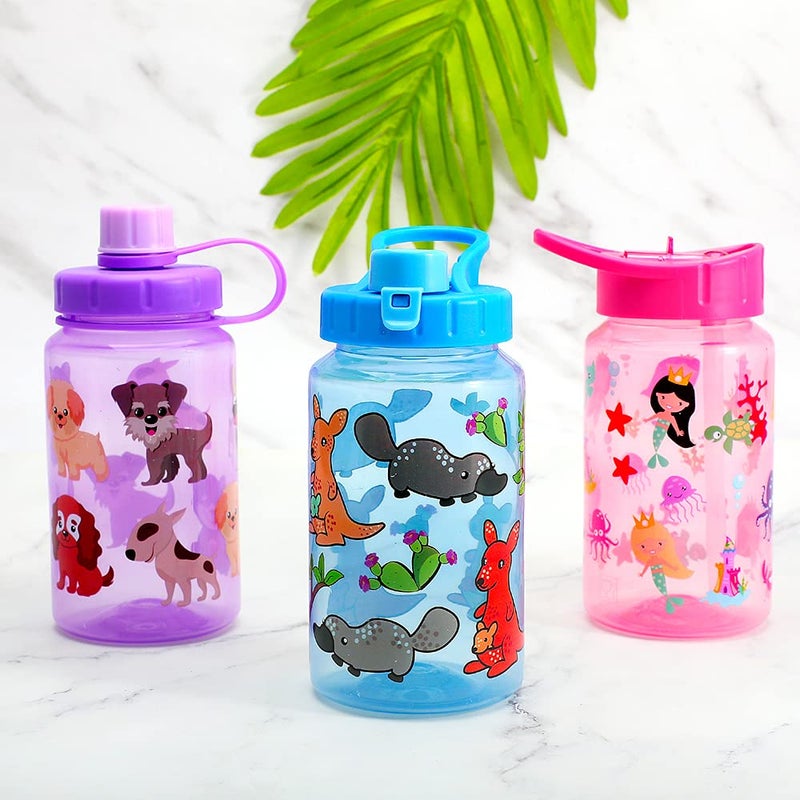 Home Tune 3 Pack 16oz Kid Water Drinking Bottle - BPA Free  Flip Straw Cap  Carry Loop  Chug Lid  Wide Mouth  Lightweight  Leak-Proof Water Bottle with Cute Design For Girls & Boys - Mermaid & Animals - Image 2