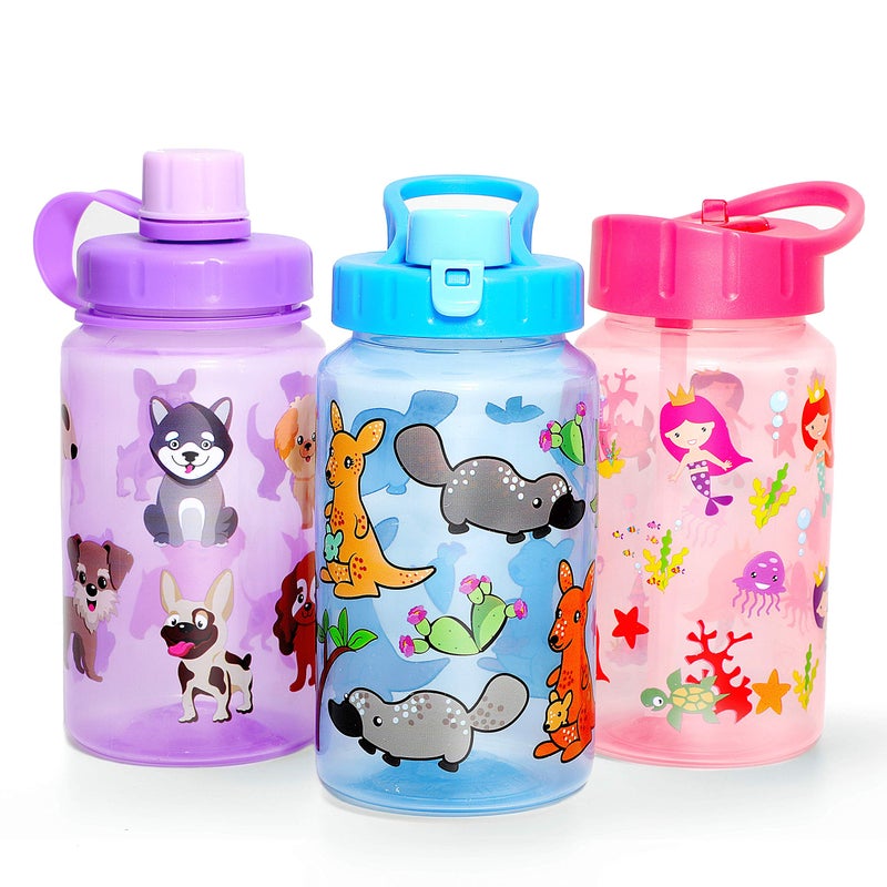 Home Tune 3 Pack 16oz Kid Water Drinking Bottle - BPA Free  Flip Straw Cap  Carry Loop  Chug Lid  Wide Mouth  Lightweight  Leak-Proof Water Bottle with Cute Design For Girls & Boys - Mermaid & Animals - Image 1