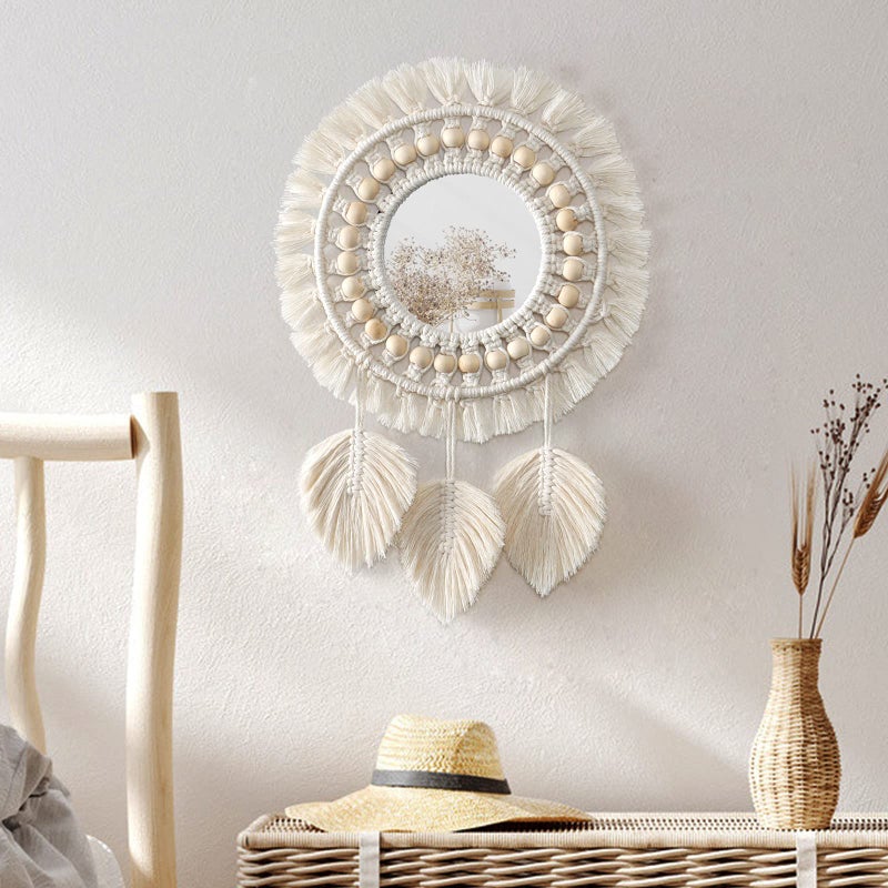 Dremisland Hanging Wall Mirror-Boho Macrame Fringe Round Decorative Mirror with Wood Beads Feather Pendant，Art Ornament for Apartment Home Bedroom Living Room - Image 1
