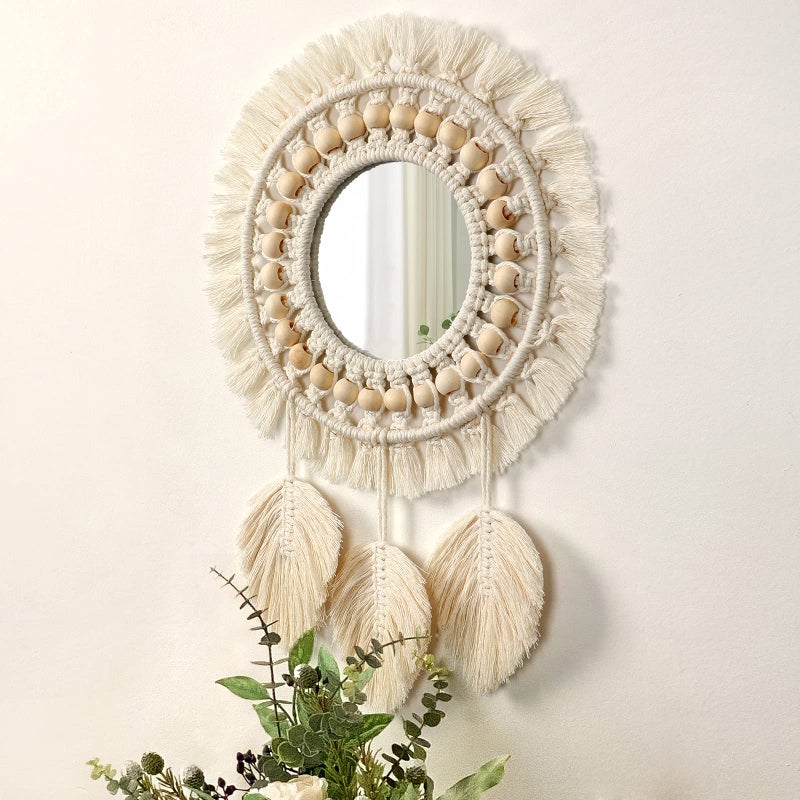 Dremisland Hanging Wall Mirror-Boho Macrame Fringe Round Decorative Mirror with Wood Beads Feather Pendant，Art Ornament for Apartment Home Bedroom Living Room - Image 2
