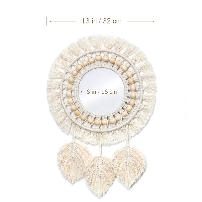 Dremisland Hanging Wall Mirror-Boho Macrame Fringe Round Decorative Mirror with Wood Beads Feather Pendant，Art Ornament for Apartment Home Bedroom Living Room - Image 5