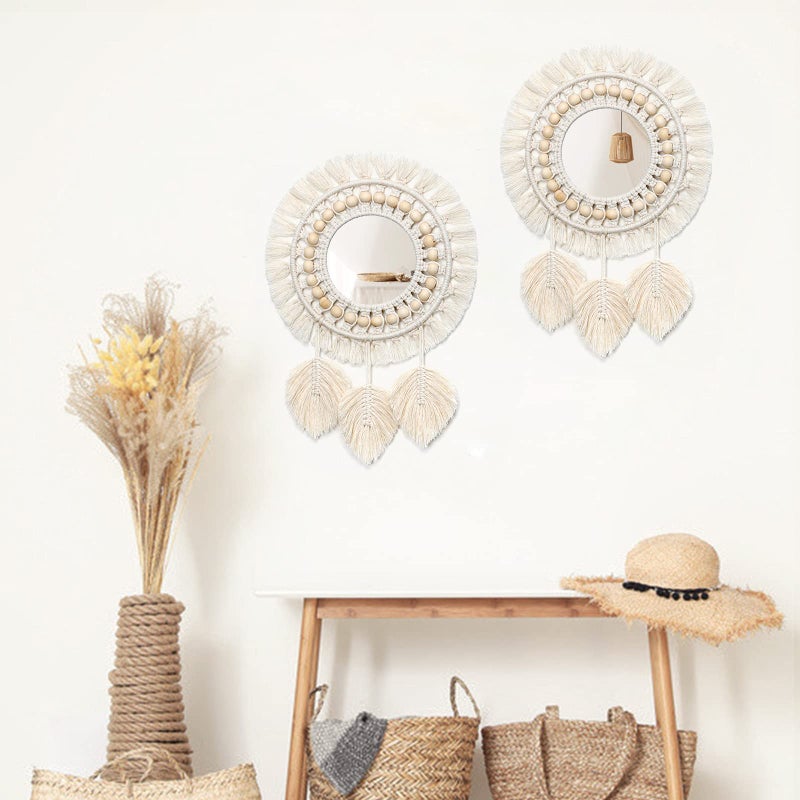 Dremisland Hanging Wall Mirror-Boho Macrame Fringe Round Decorative Mirror with Wood Beads Feather Pendant，Art Ornament for Apartment Home Bedroom Living Room - Image 3