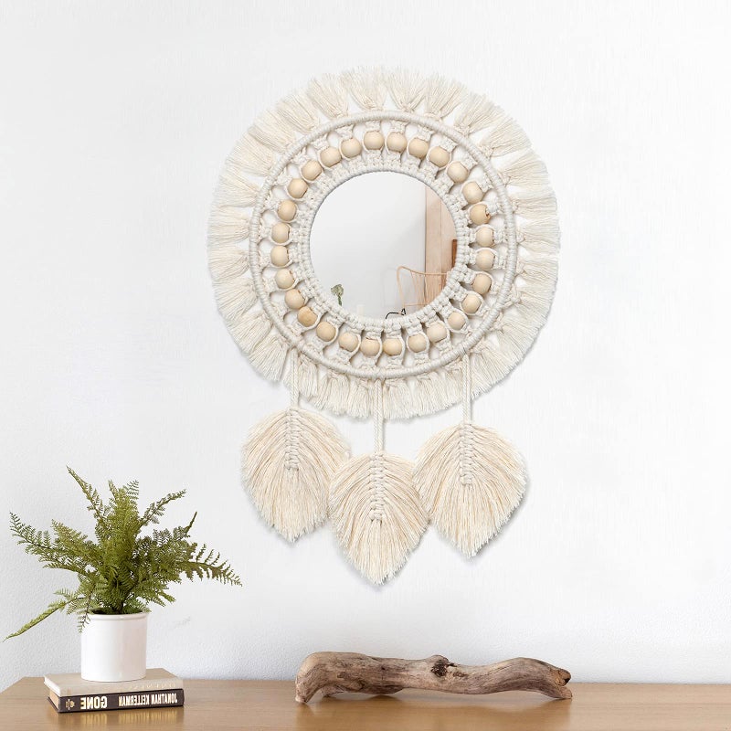 Dremisland Hanging Wall Mirror-Boho Macrame Fringe Round Decorative Mirror with Wood Beads Feather Pendant，Art Ornament for Apartment Home Bedroom Living Room - Image 4